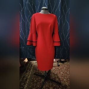 Calvin Klein Red Midi Dress Long Flounce Sleeves